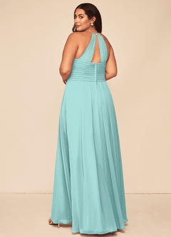 Azazie Ginger Bridesmaid Dresses Aqua A-Line Halter Pleated Chiffon Dress image11