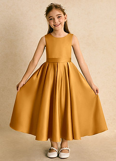 Azazie Junebuj Flower Girl Dresses Butterscotch Ball-Gown Pleated Matte Satin Dress image4