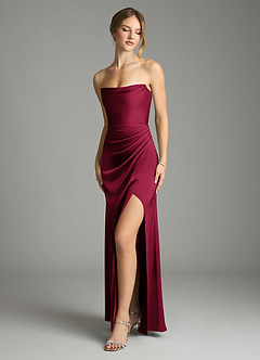Azazie Leonis Bridesmaid Dresses Burgundy Mermaid Pleated Stretch Satin Convertible Dress image1