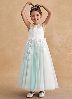 Azazie Bitsy Robe Demoiselle D'honneur Fillette Robe Trapèze en Tulle Dentelle Ivoire Aqua image2