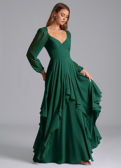 Azazie Karan Bridesmaid Dresses Emerald A-Line Long Sleeve Chiffon Dress image4