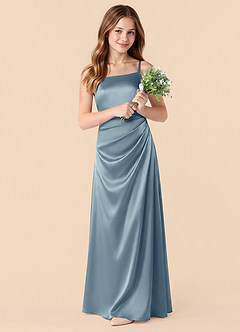 Azazie Renna Junior Dusty Blue A-Line Pleated Stretch Satin Dress image3