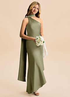 Azazie Briony Junior Vestido Pistache de Cetim elástico de Bainha com Plissado image4