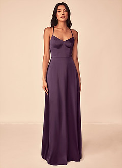 Azazie Mei Robes de demoiselle d'honneur Robe Trapèze en Satin extensible Col en V Prune image1