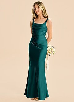 Azazie Agustina Junior Peacock Sheath Pleated Stretch Satin Dress image1