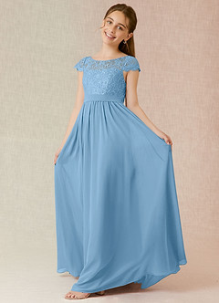 Azazie Silvermist Junior A-Linie Plissee Chiffon Kleid Stahlblau image3