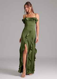 Azazie Malia Bridesmaid Dresses Olive A-Line Side Slit Stretch Satin Dress image1