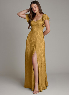 Azazie Keya Bridesmaid Dresses Marigold Jacquard A-Line Ruched Jacquard Dress image5