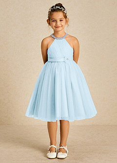 Azazie Honey Flower Girl Dresses Sky Blue A-Line Beaded Matte Satin Dress image1