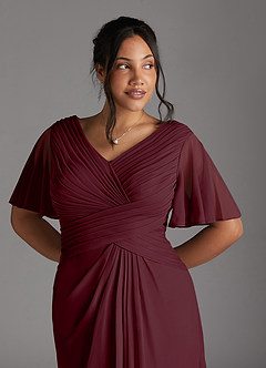Azazie Emmeline Mother of the Bride Dresses Cabernet A-Line V-Neck Pleated Mesh Dress image10