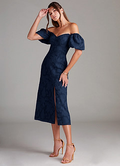 Azazie Evalina Vestidos de damas de honor Vestido de Azul Marino Oscuro de Devorado Floral de Corte Recto image4