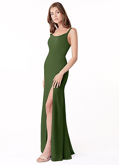 Azazie Salma Robes de demoiselle d'honneur Robe Fourreau en Mousseline de soie Fente Latérale Olive image3