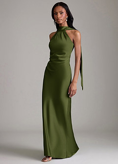 Azazie Cassiana Abiti da Damigella Abito Sirena in Raso Elasticizzato Plissettato Oliva image5