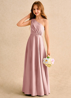 Azazie Puddles Girls Formal Flower Girl Dresses Rose Gold A-Line One Shoulder Matte Satin Dress image6