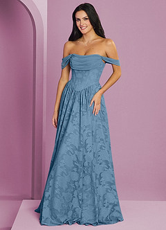 Barbie ♥ Azazie Robes de demoiselle d'honneur Robe Trapèze Convertible en Blumen-Burnout Épaule décolletée Acier Bleuté image6