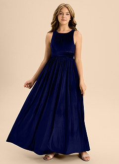 Azazie Jaylah Junior Vestido de Azul Marino Oscuro de terciopelo de Corte En A con Plisado image5