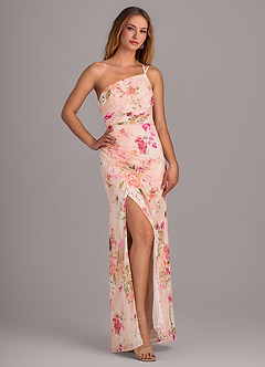 Azazie Eren Bridesmaid Dresses Abstract Bouquet Floral Sheath One Shoulder Chiffon Dress image4