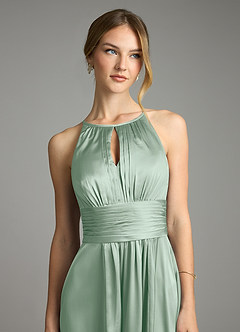 Azazie Bonnie Vestidos de damas de honor Vestido de Agave de Satén Elástico de Corte en A con Plisado image2