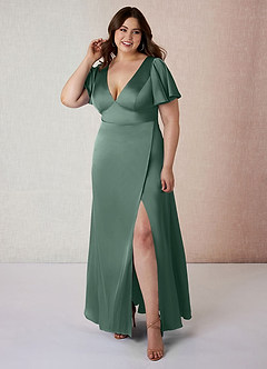 Azazie Lani Bridesmaid Dresses Eucalyptus A-Line Flounce Sleeve Stretch Satin Dress image7