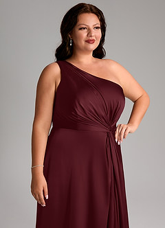 Azazie Brooke Vestidos de damas de honor Vestido de Cabernet de Satén Elástico de Corte en A con Hombro unilateral image13