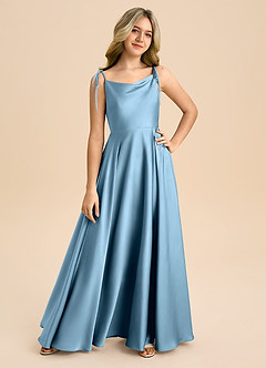 Azazie Popsy Junior Steel Blue A-Line Bow Stretch Satin Dress image8