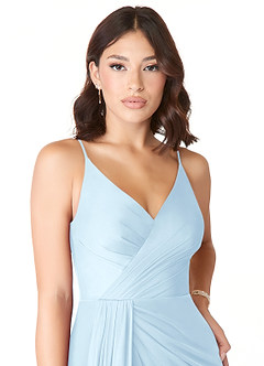 Azazie Evalin Vestidos de damas de honor Vestido de Azul Cielo de Malla de Corte en A con Cuello en V Plisado image5