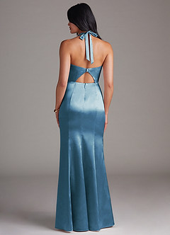 Azazie Emeria Bridesmaid Dresses Steel Blue Sheath Side Slit Metallic Satin Dress image2