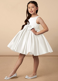 Azazie Bo Peep Flower Girl Dresses Ivory A-Line Bow Matte Satin Dress image2