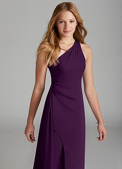 Azazie Maron Junior Grape A-Line Pleated Stretch Satin Dress image3