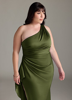 Azazie Latrice Bridesmaid Dresses Olive Sheath One Shoulder Cascading Ruffles Stretch Satin Dress image11