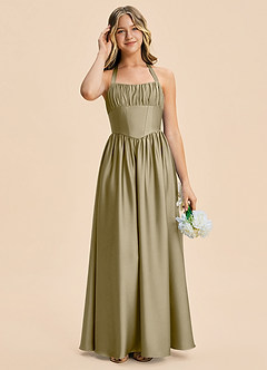 Azazie Kyrie Junior Moss Green A-Line Pleated Stretch Satin Dress image5