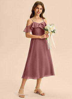 Azazie Kamilla Junior Abito A-Line in Chiffon a Spalla Scoperta Rosa Del Deserto image5