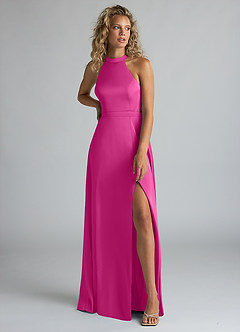 Azazie Clarice Bridesmaid Dresses Fuchsia A-Line High Neck Stretch Satin Dress image5