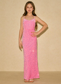 Azazie Nini Girls Formal vestidos de niña de las flores Vestido de Rosa Caramelo de Lentejuelas de Corte Recto image1