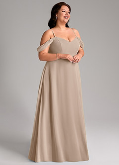 Azazie Marley Robes de demoiselle d'honneur Robe Trapèze Convertible en Mousseline de soie Épaules dénudées Taupe image15