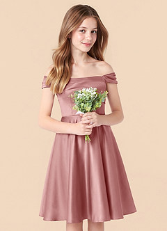 Azazie Amira Junior Vestido de Rosa Polvorienta de Satén Elástico de Corte en A con Plisado image5