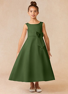 Azazie Lindy Flower Girl Dresses Olive A-Line Pleated Matte Satin Dress image2