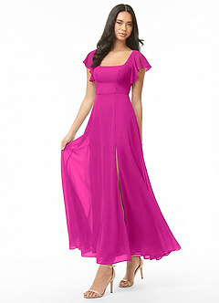Azazie Bondi Bridesmaid Dresses Fuchsia A-Line Ruched Chiffon Dress image3