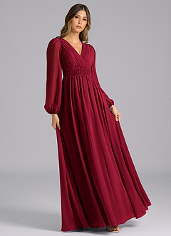 Azazie Palerma Bridesmaid Dresses Burgundy A-Line Long Sleeve Chiffon Dress image4