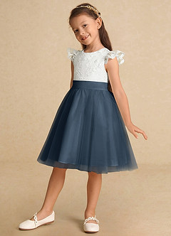 Azazie Vetty vestidos de niña de las flores Vestido de Marfil Azul Petróleo de Tul de Corte En A con Encaje image3