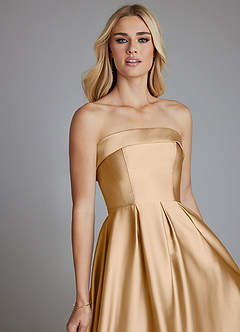 Azazie Lucienne Vestidos de damas de honor Vestido de Oro de Satén Elástico de Corte en A Convertible con Sin tirantes image7