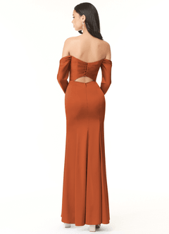 Azazie Hallie At-home Try On Dresses Peacock Sheath Off-The-Shoulder Long Sleeve Stretch Satin Convertible Dress image3