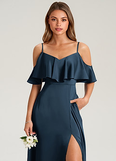 Azazie Jean At-home Try On Dresses Dark Navy A-Line Off the Shoulder Stretch Satin Dress image6
