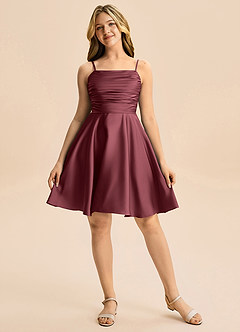 Azazie Miko Junior Merlot A-Line Pleated Stretch Satin Dress image5