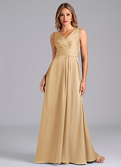 Azazie Karina Bridesmaid Dresses Gold A-Line Pleated Stretch Satin Dress image4