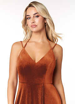 Azazie Sora Bridesmaid Dresses Burnt Orange A-Line Halter Bow Velvet Dress image5