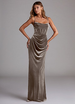 Azazie Mai Bridesmaid Dresses Silver Taupe Sheath Sweetheart Neckline Velvet Dress image1
