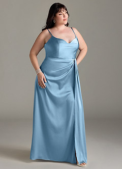 Azazie Brielle Robes de demoiselle d'honneur Robe Trapèze en Satin extensible Bretelles spaghetti Acier Bleuté image9