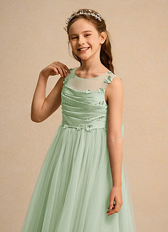 Azazie Snowball Girl Jurken voor bloemenmeisjes Baljurk Jurk van Tule Geplooid Stoffige Salie image7