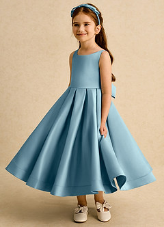 Azazie Babs Flower Girl Dresses Moody Blue Ball-Gown Pleated Matte Satin Dress image5